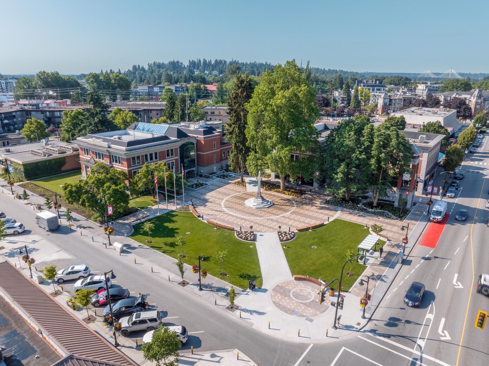 Downtown Port Coquitlam — City Hall and Veterans Park on Shaughnessy Street